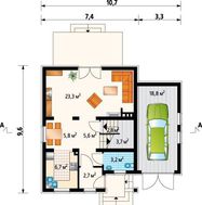 Симпатичный загородный дом с небольшим гаражом и крыльцом