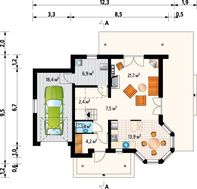 Проект мансардного коттеджа с круглым эркером в кухонной зоне