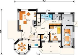 Красочный жилой дом с каменным цоколем и резными окнами