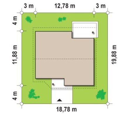 Проект загородного коттеджа с тремя спальнями и двускатной крышей